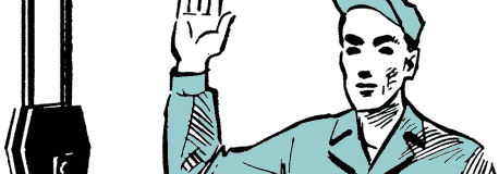 Man som signalerar stopp, illustration ur gammal arbetarskyddsinstruktion