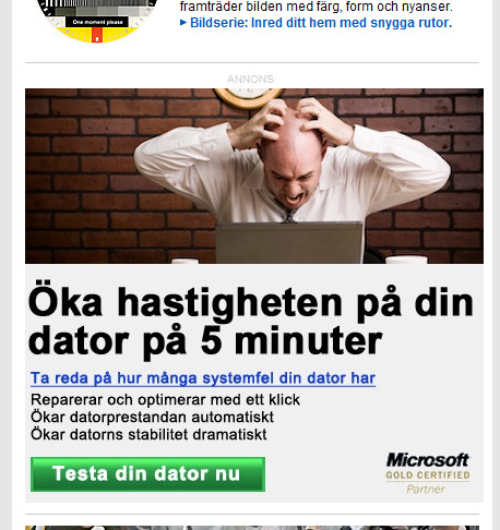 Annonsen för Uniblues produkt Registry Booster på Dagens Nyheters webbplats
