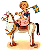 A child on a horse waving a Swedish flag
